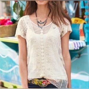 Sundance Somerset Garden Women’s Ivory Mesh/Embroidery Tunic Top L EUC